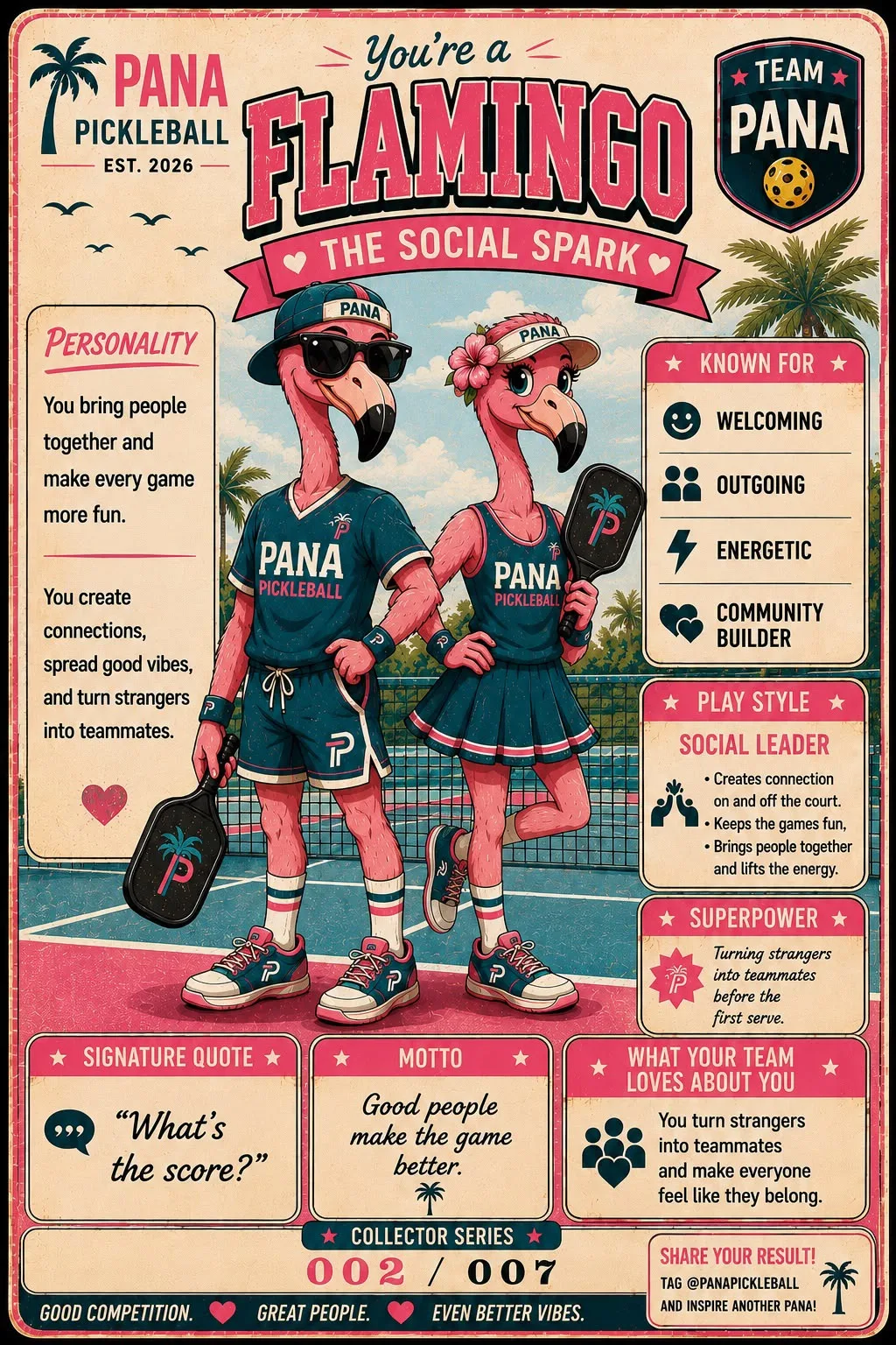 Flamingo, The Social Spark. Pana Pickleball collector card.