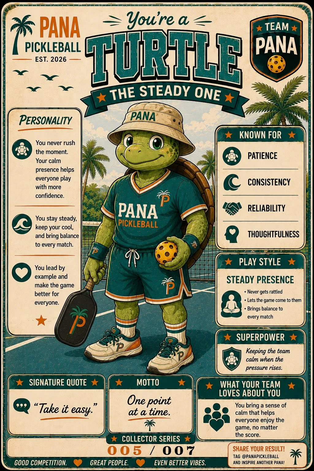 Turtle, The Steady One. Pana Pickleball collector card.