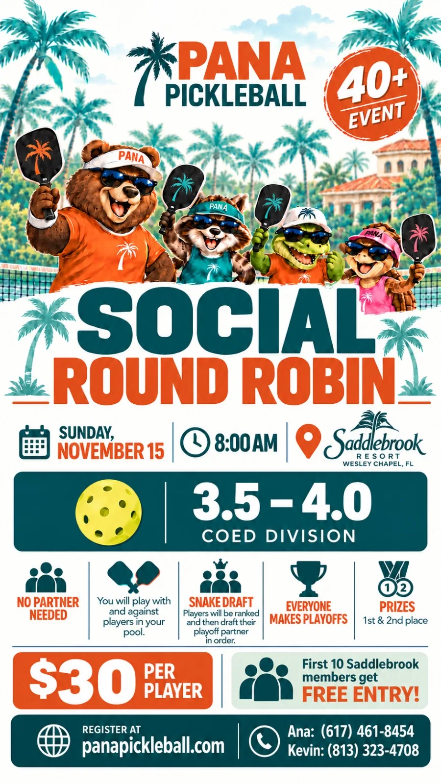 PANA PICKLEBALL @ Saddlebrook 3.5-4.0 Division event flyer